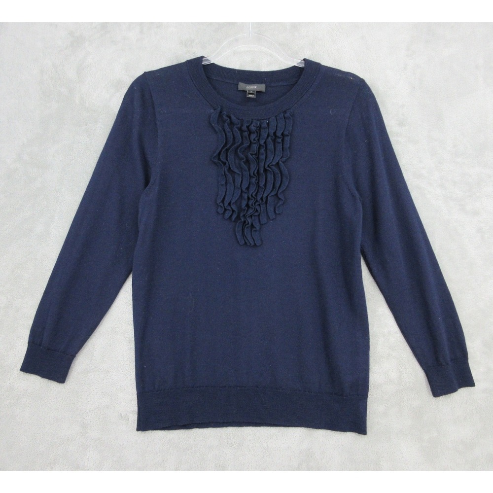 J Crew Sweater Womens Size M Tippi Merino Wool Ruffle Quiet Luxury Navy Blue